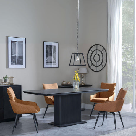 Morgan Black Ceramic Fluted Dining Set - Ace Orange Fabric Swivel Dining Chair-3