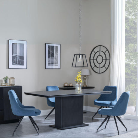 Morgan Black Ceramic Fluted Dining Set - Arctic Blue Velvet Fabric Swivel Dining Chair-3