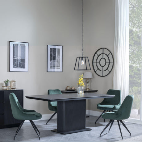 Morgan Black Ceramic Fluted Dining Set - Arctic Green Velvet Fabric Swivel Dining Chair