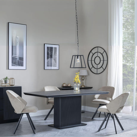Morgan Black Ceramic Fluted Dining Set - Ion Beige Velvet Fabric Swivel Dining Chair