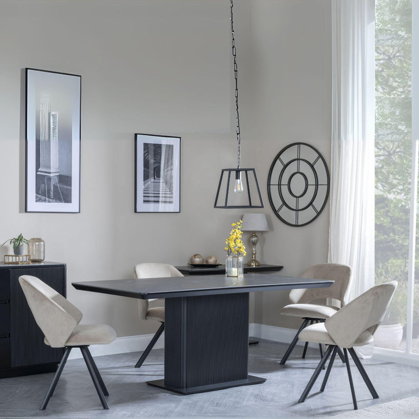 Morgan Black Ceramic Fluted Dining Set - Ion Beige Velvet Fabric Swivel Dining Chair