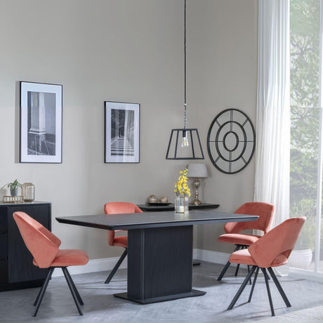 Morgan Black Ceramic Fluted Dining Set - Ion Orange Velvet Fabric Swivel Dining Chair-3