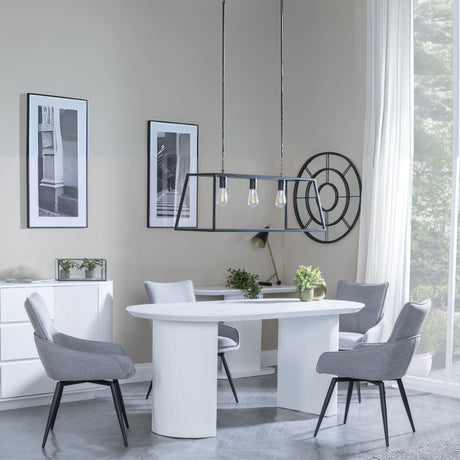 Luxor White Marble Effect Oval Dining Set - Ace Grey Fabric Swivel Dining Chair