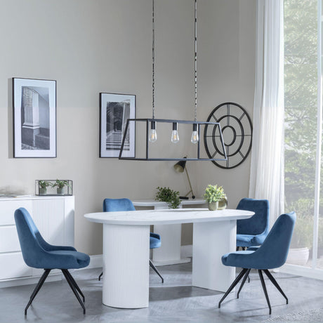 Luxor White Marble Effect Oval Dining Set - Arctic Blue Velvet Fabric Swivel Dining Chair-3