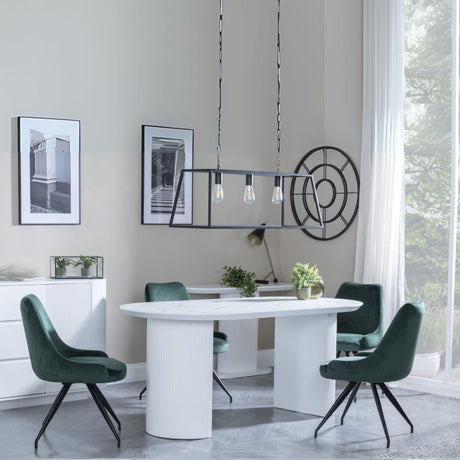 Luxor White Marble Effect Oval Dining Set - Arctic Green Velvet Fabric Swivel Dining Chair