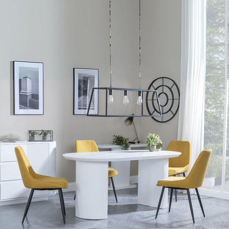 Luxor White Marble Effect Oval Dining Set - Darwin Yellow Fabric Dining Chair-2