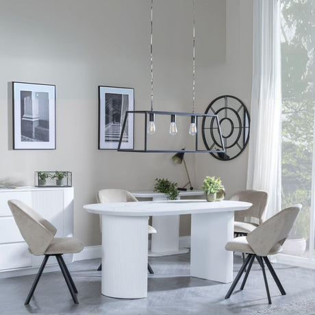 Luxor White Marble Effect Oval Dining Set - Ion Beige Velvet Fabric Swivel Dining Chair