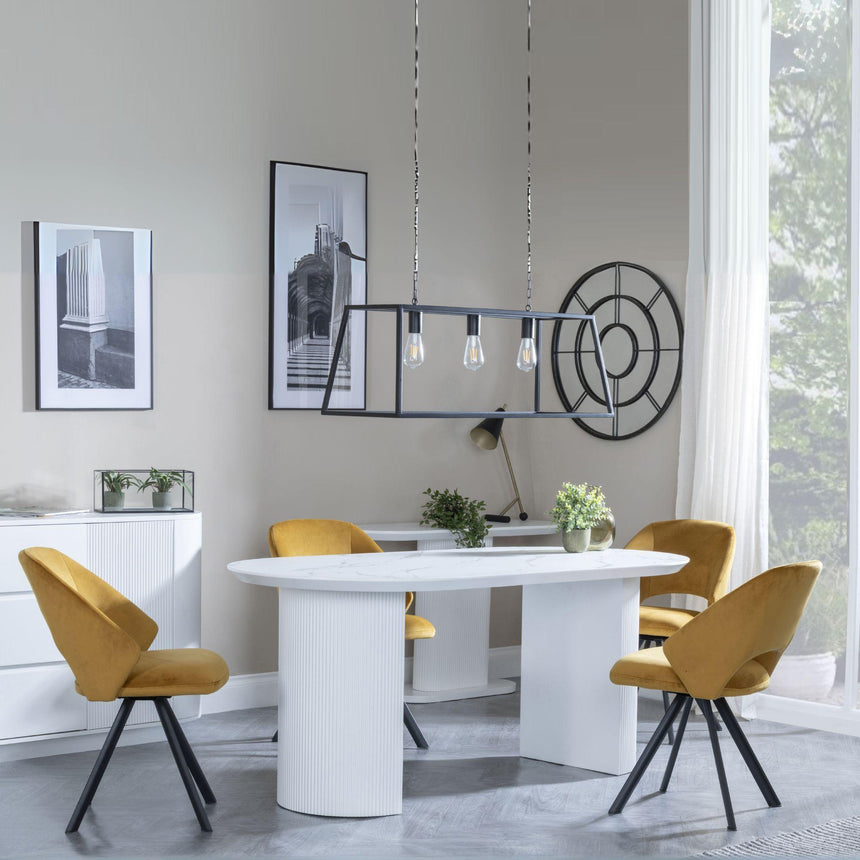 Luxor White Marble Effect Oval Dining Set - Ion Mustrad Velvet Fabric Swivel Dining Chair-4