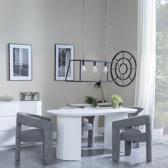 Luxor White Marble Effect Oval Dining Set - Kiefer Grey Boucle Fabric Dining Chair