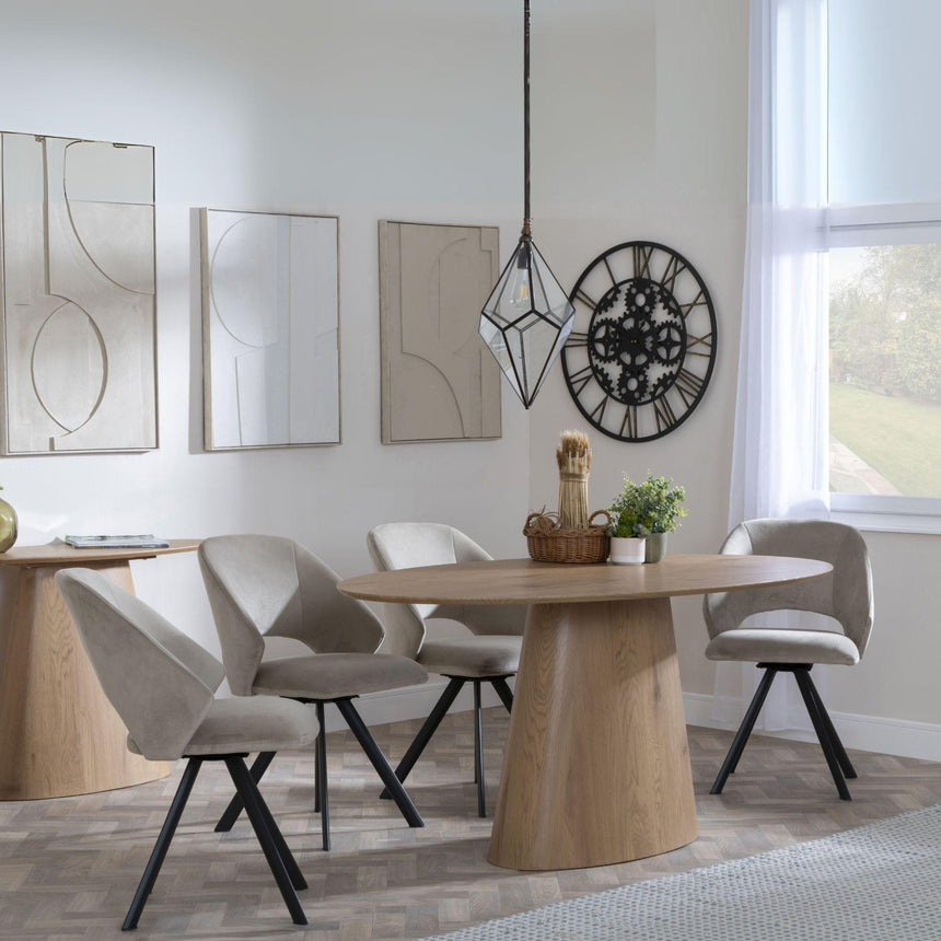 Palma Oak Oval Dining Set - Ion Beige Velvet Fabric Swivel Dining Chair-2