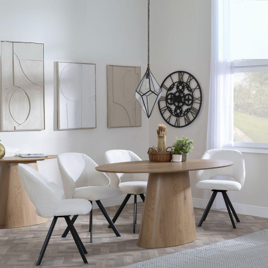 Palma Oak Oval Dining Set - Ion Cream Boucle Teddy Fabric Swivel Dining Chair-5