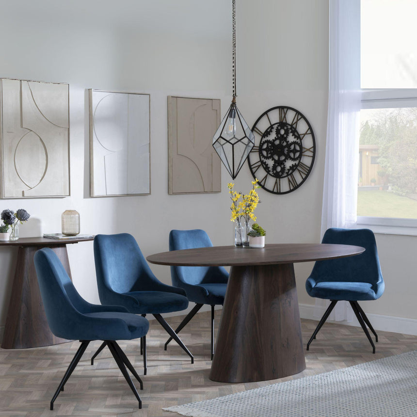 Palma Walnut Oval Dining Set - Arctic Blue Velvet Fabric Swivel Dining Chair-3