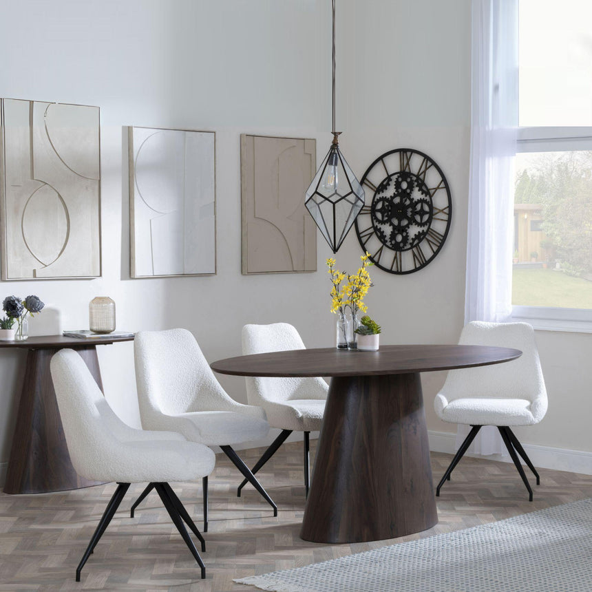 Palma Walnut Oval Dining Set - Arctic Cream Velvet Fabric Swivel Dining Chair-4