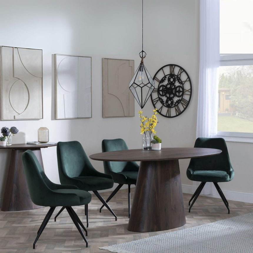 Palma Walnut Oval Dining Set - Arctic Green Velvet Fabric Swivel Dining Chair-2
