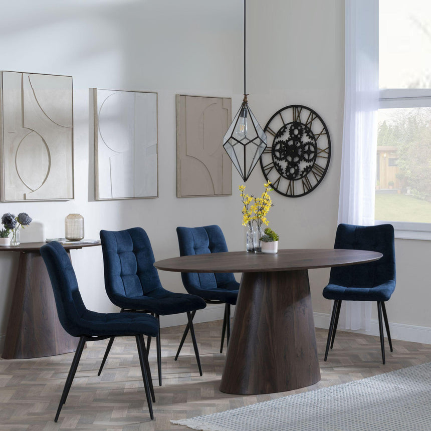 Palma Walnut Oval Dining Set - Corona Blue Fabric Chairs-5