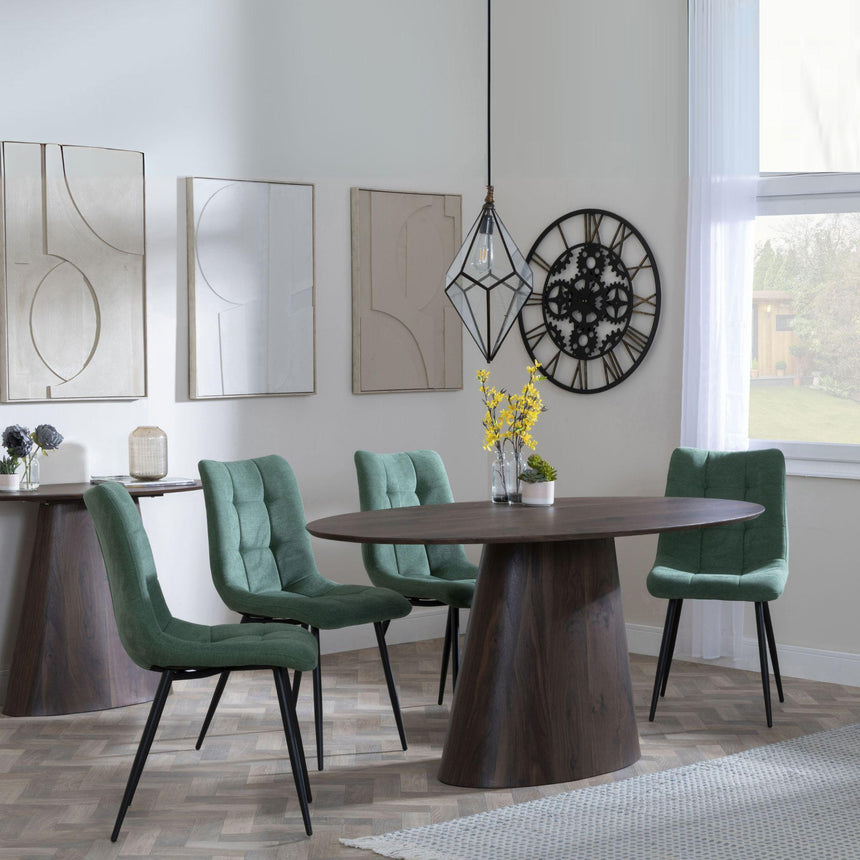 Palma Walnut Oval Dining Set - Corona Green Fabric Chairs-6