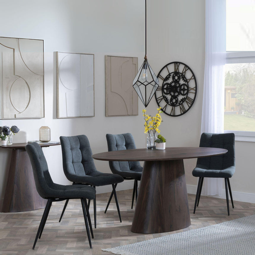 Palma Walnut Oval Dining Set - Corona Light Grey Fabric Chairs-7