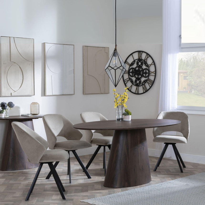 Chiswick Walnut Oval Dining Set - Burano Beige Velvet Fabric Swivel Dining Chair