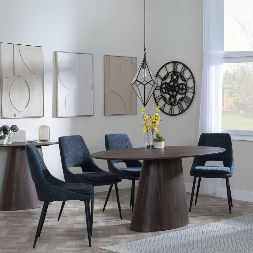 Palma Walnut Oval Dining Set - Peyton Blue Fabric Dining Chair-2