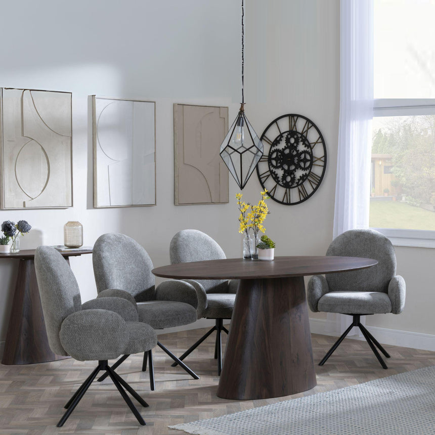 Palma Walnut Oval Dining Set - Theo Dark Grey Fabric Swivel Dining Chair-2