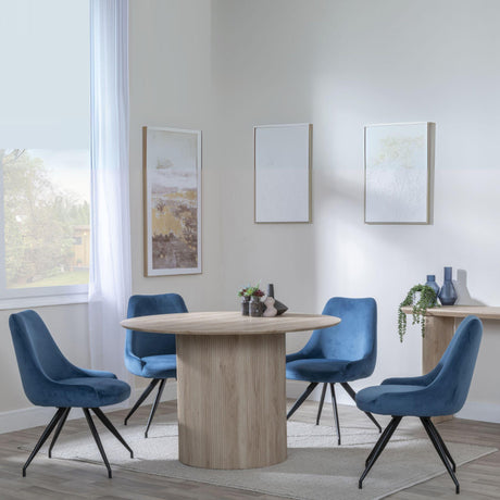 Bern Fluted Oak Effect 4 Seater Round Dining Set - 4 Arctic Blue Velvet Fabric Swivel Dining Chair-3