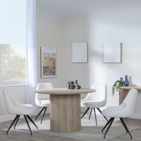 Bern Fluted Oak Effect 4 Seater Round Dining Set - 4 Arctic Cream Velvet Fabric Swivel Dining Chair-4
