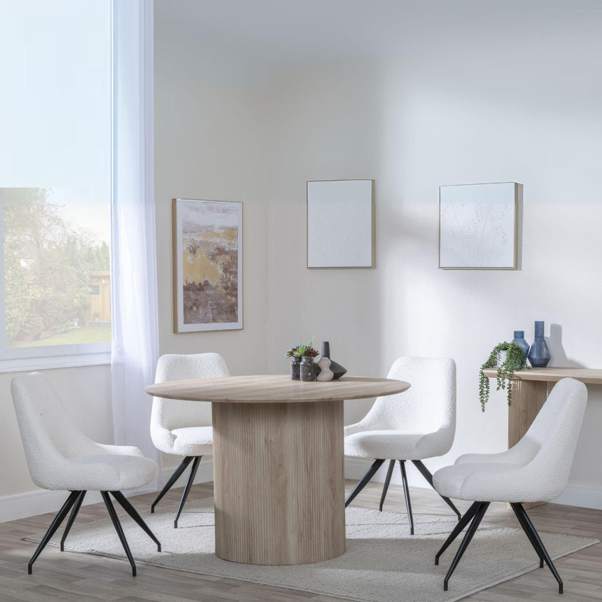 Bern Fluted Oak Effect 4 Seater Round Dining Set - 4 Arctic Cream Velvet Fabric Swivel Dining Chair-4