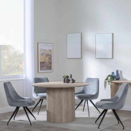 Bern Fluted Oak Effect 4 Seater Round Dining Set - 4 Arctic Grey Velvet Fabric Swivel Dining Chair-2