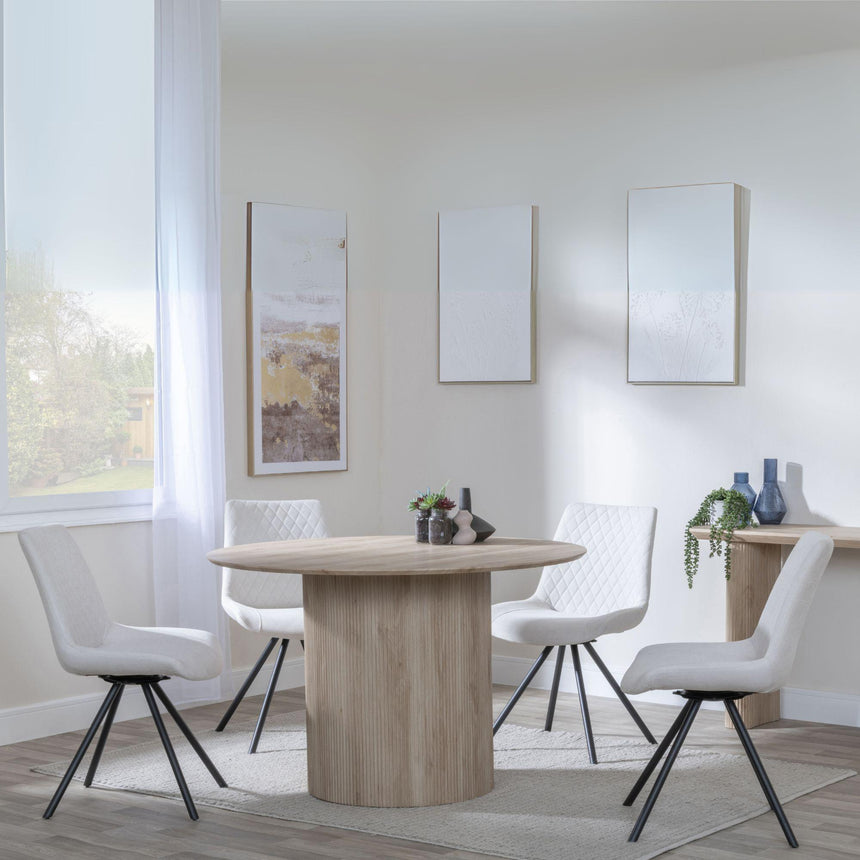 Bern Fluted Oak Effect 4 Seater Round Dining Set - 4 Boden Cream Fabric Swivel Dining Chair-3