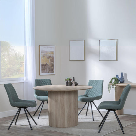 Bern Fluted Oak Effect 4 Seater Round Dining Set - 4 Boden Green Fabric Swivel Dining Chair-4