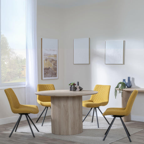 Bern Fluted Oak Effect 4 Seater Round Dining Set - 4 Boden Yellow Fabric Swivel Dining Chair-3
