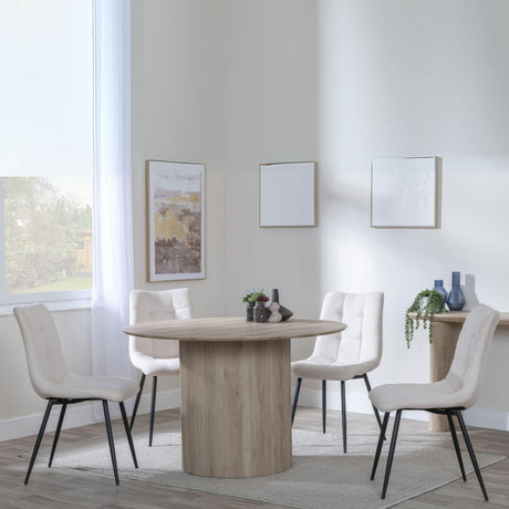 Bern Fluted Oak Effect 4 Seater Round Dining Set - 4 Corona Beige Fabric Chairs-3