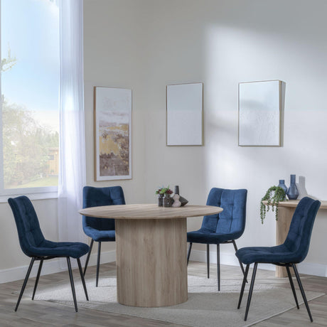 Bern Fluted Oak Effect 4 Seater Round Dining Set - 4 Corona Blue Fabric Chairs-5