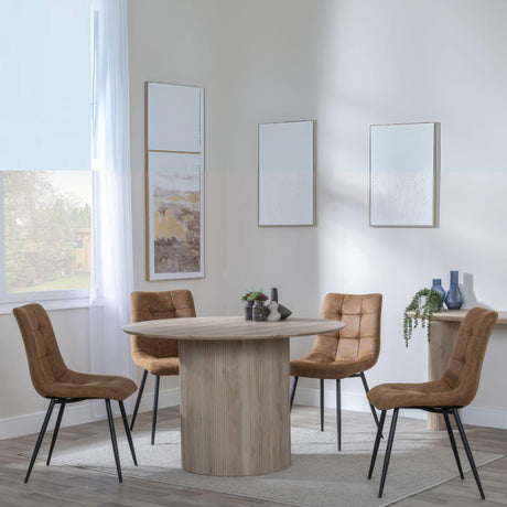 Bern Fluted Oak Effect 4 Seater Round Dining Set - 4 Corona Brown Fabric Chairs-8