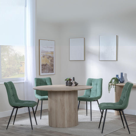 Bern Fluted Oak Effect 4 Seater Round Dining Set - 4 Corona Green Fabric Chairs-6
