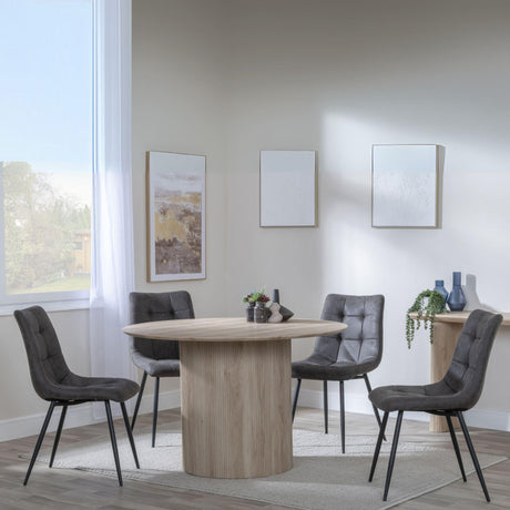 Bern Fluted Oak Effect 4 Seater Round Dining Set - 4 Corona Grey Fabric Chairs-9