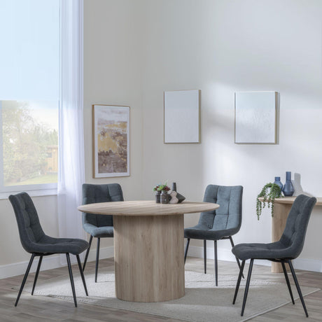 Bern Fluted Oak Effect 4 Seater Round Dining Set - 4 Corona Light Grey Fabric Chairs-7