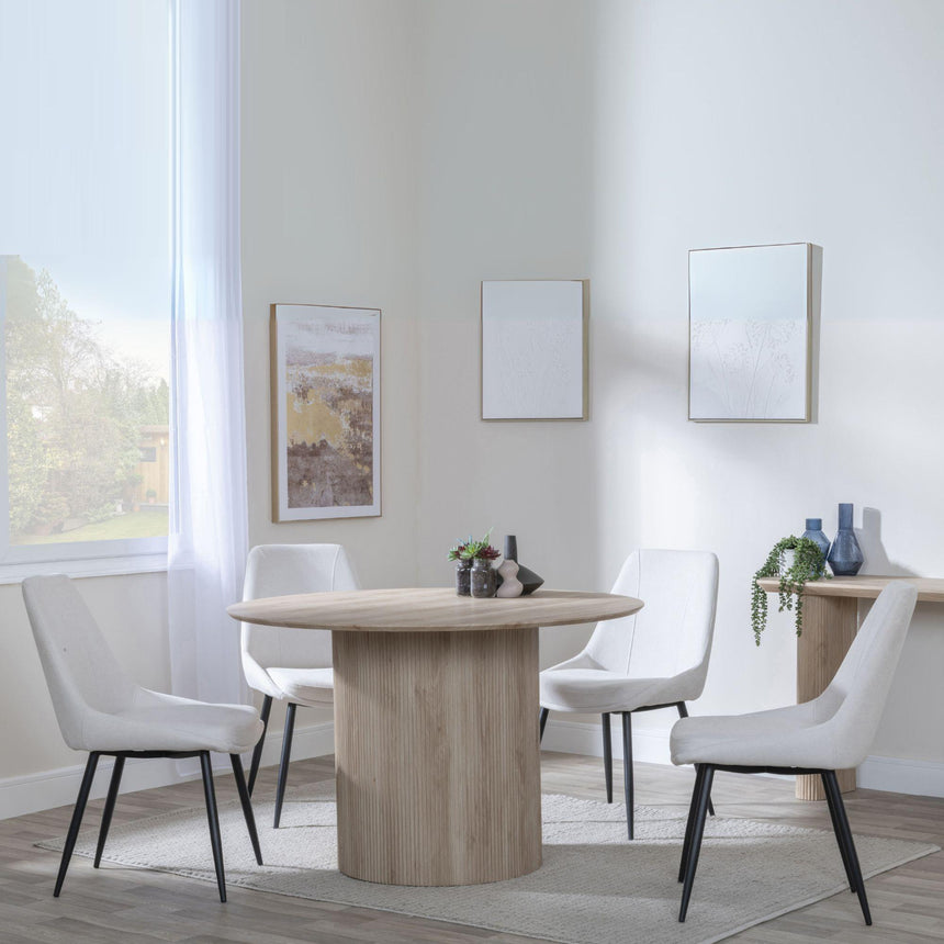 Bern Fluted Oak Effect 4 Seater Round Dining Set - 4 Darwin Cream Fabric Dining Chair-2