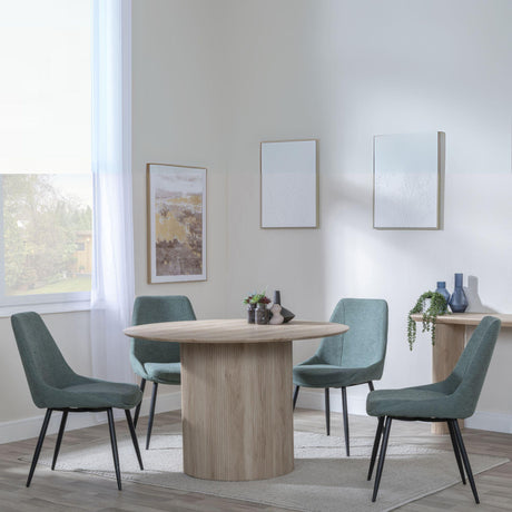 Bern Fluted Oak Effect 4 Seater Round Dining Set - 4 Darwin Green Fabric Dining Chair-4