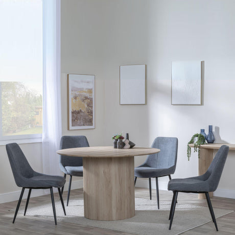 Bern Fluted Oak Effect 4 Seater Round Dining Set - 4 Darwin Grey Fabric Dining Chair-6