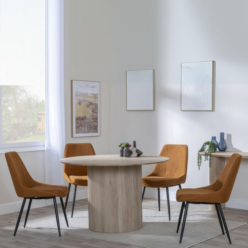Bern Fluted Oak Effect 4 Seater Round Dining Set - 4 Darwin Orange Fabric Dining Chair-4