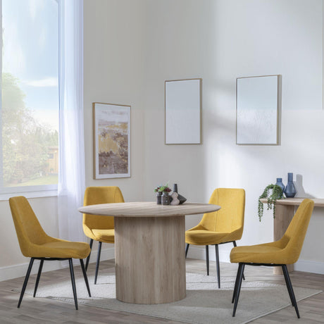Bern Fluted Oak Effect 4 Seater Round Dining Set - 4 Darwin Yellow Fabric Dining Chair-2