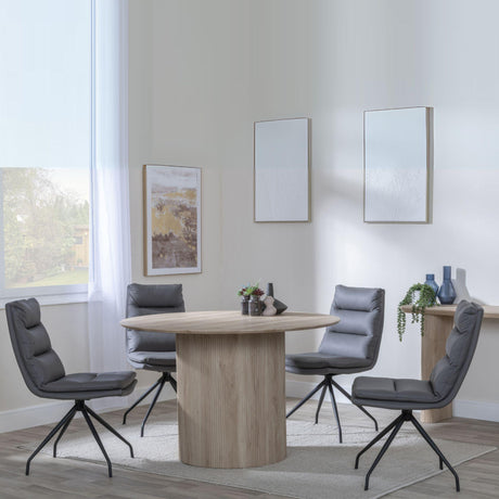 Bern Fluted Oak Effect 4 Seater Round Dining Set - 4 Diego Grey Leather Swivel Dining Chair-2