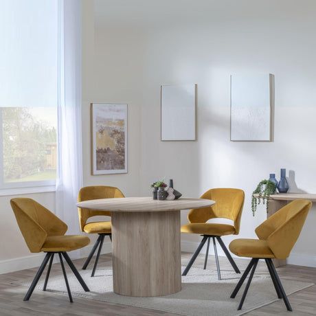 Bern Fluted Oak Effect 4 Seater Round Dining Set - 4 Ion Mustrad Velvet Fabric Swivel Dining Chair-4