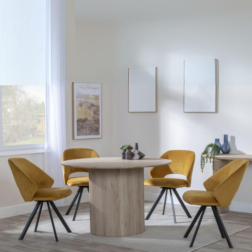 Bern Fluted Oak Effect 4 Seater Round Dining Set - 4 Ion Mustrad Velvet Fabric Swivel Dining Chair-4