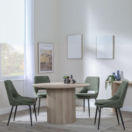 Bern Fluted Oak Effect 4 Seater Round Dining Set - 4 Peyton Green Fabric Dining Chair-3