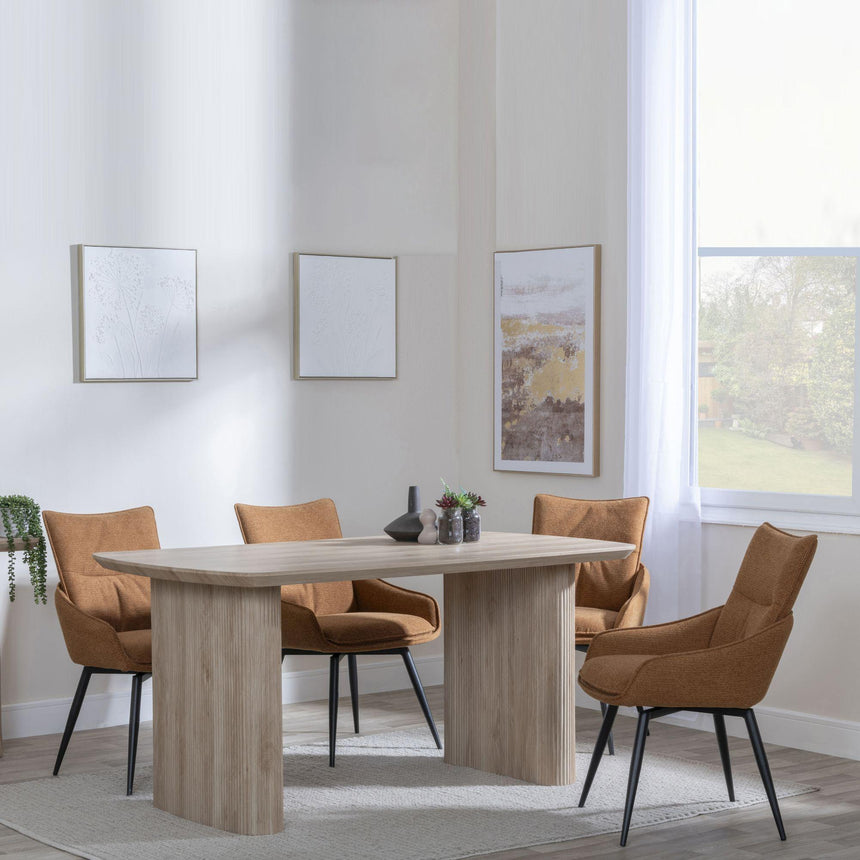 Bern Fluted Oak Effect Dining Set - Ace Orange Fabric Swivel Dining Chair-3