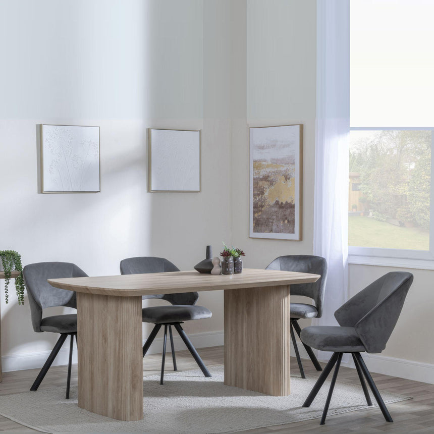 Bern Fluted Oak Effect Dining Set - Ion Dark Grey Velvet Fabric Swivel Dining Chair-2