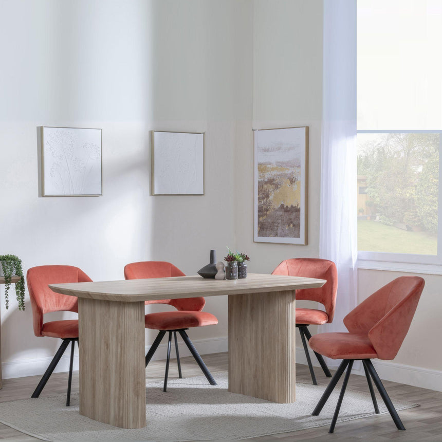 Bern Fluted Oak Effect Dining Set - Ion Orange Velvet Fabric Swivel Dining Chair-3