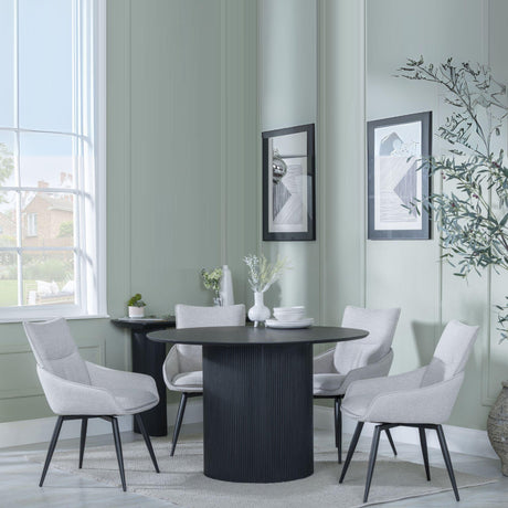 Bern Fluted Black 4 Seater Round Dining Set - 4 Ace Beige Fabric Swivel Dining Chair-2